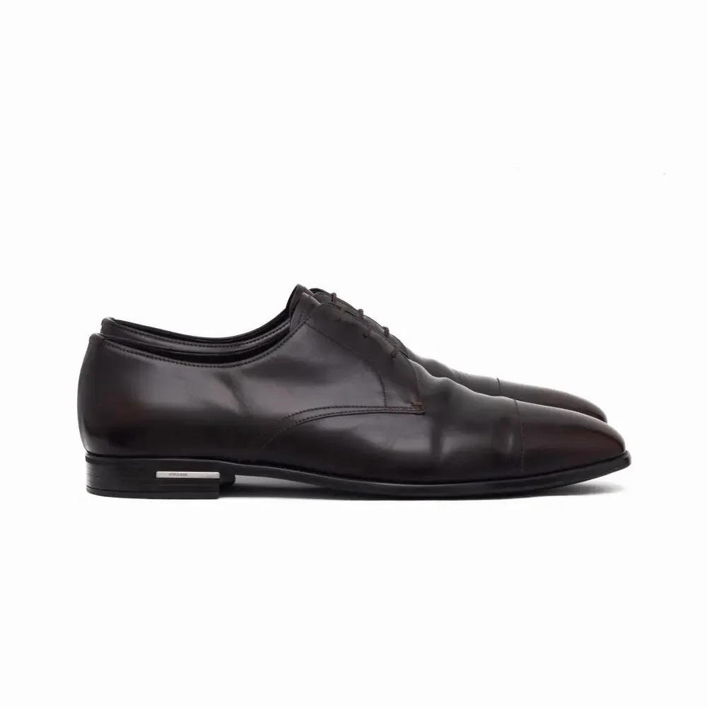 Prada Men's Brushed Leather Cap Toe Laced Up Oxford Dress Shoes Brown UK9 US10